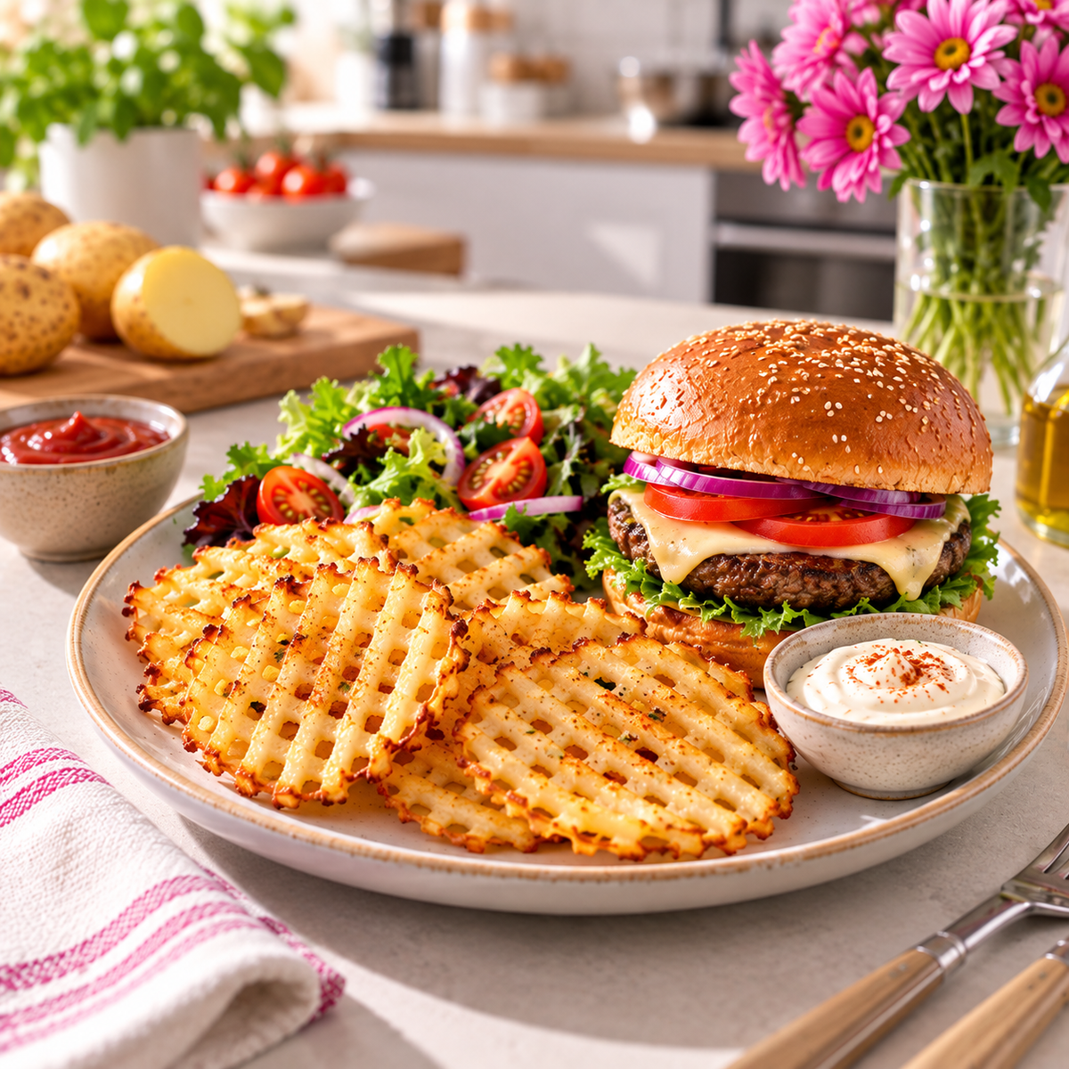 Burger maison accompagné de pommes de terre gaufrées croustillantes et d’une salade dans une cuisine moderne et lumineuse