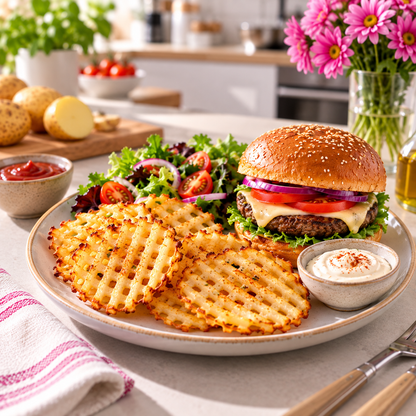 Burger maison accompagné de pommes de terre gaufrées croustillantes et d’une salade dans une cuisine moderne et lumineuse