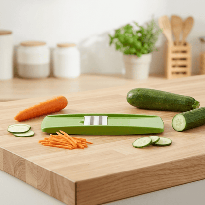 Mandoline cuisine Slicer Plate avec carotte et courgette découpées en julienne et en fines rondelles sur un plan de travail