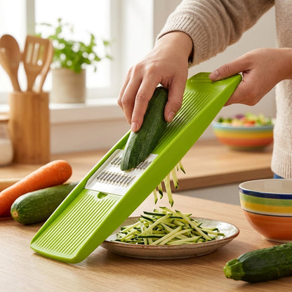 Mandoline cuisine Slicer Plate utilisée pour découper une courgette en julienne directement dans une assiette