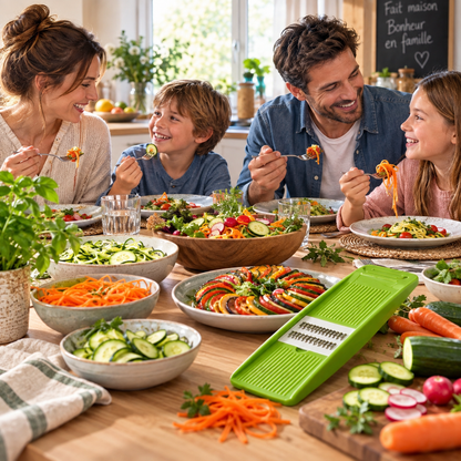 Repas familial autour de plats colorés à base de légumes préparés avec la mandoline cuisine Slicer Plate