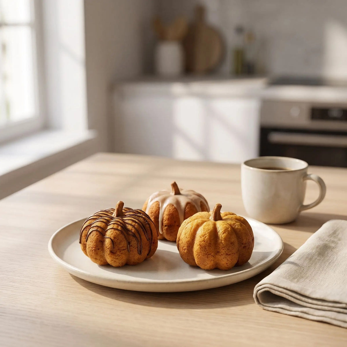 Trois mini-gâteaux en forme de citrouille, nature, au chocolat et au glaçage vanille, présentés sur une assiette en céramique dans une cuisine lumineuse avec une tasse de café