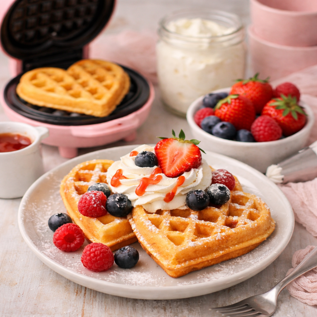 Gaufre en forme de cœur servie dans une assiette avec chantilly et fruits, mini gaufrier Cuisine-etmoi visible en arrière-plan.