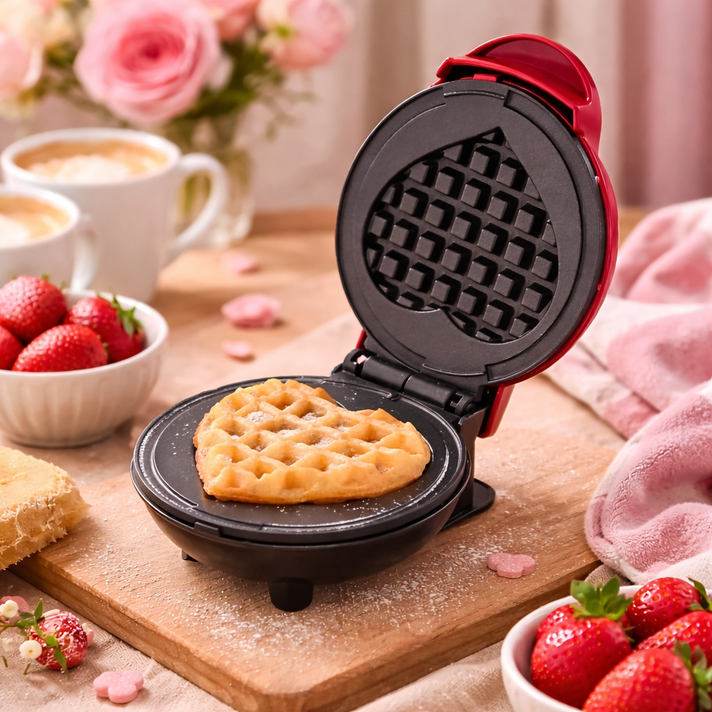 Mini gaufrier cœur Cuisine-etmoi ouvert montrant les plaques en forme de cœur, cuisson d’une gaufre à la fois