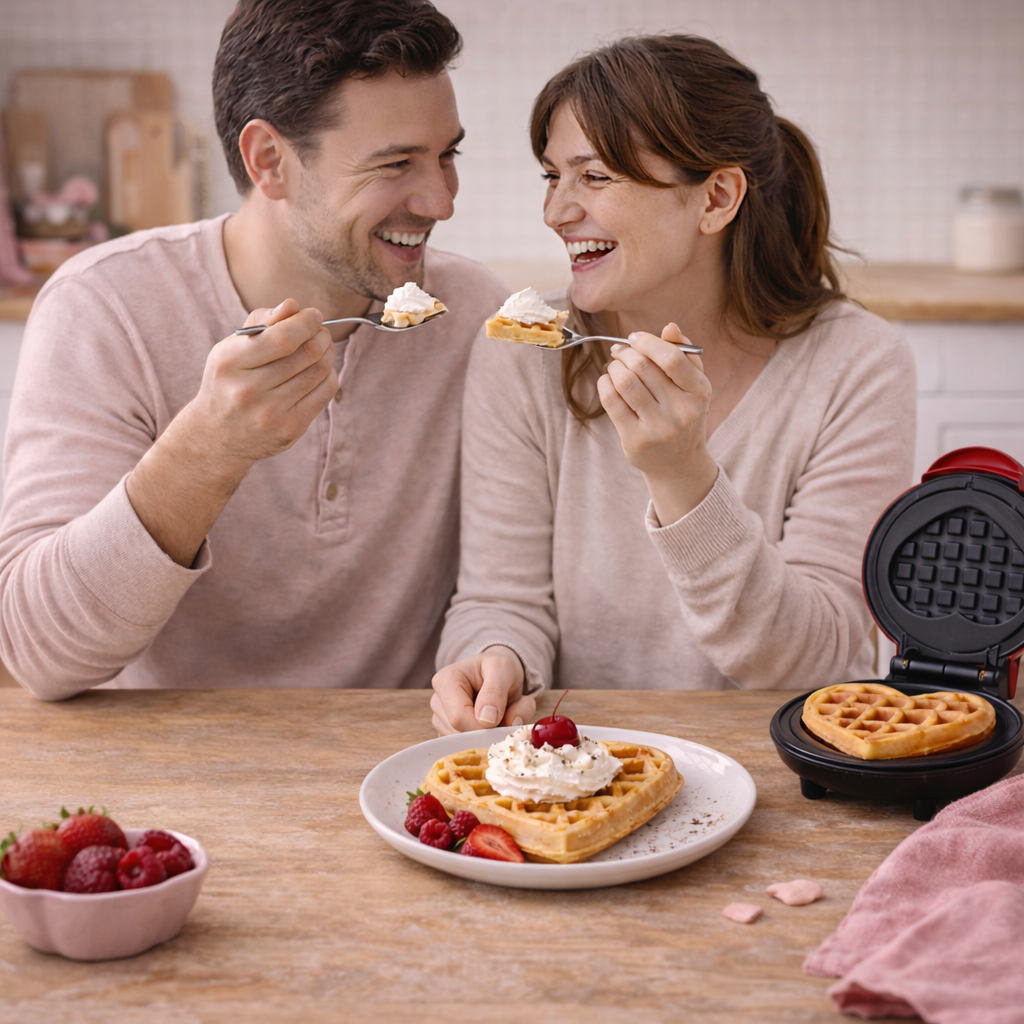Couple dégustant une gaufre en forme de cœur avec chantilly autour d’une table, mini gaufrier Cuisine-etmoi posé devant eux