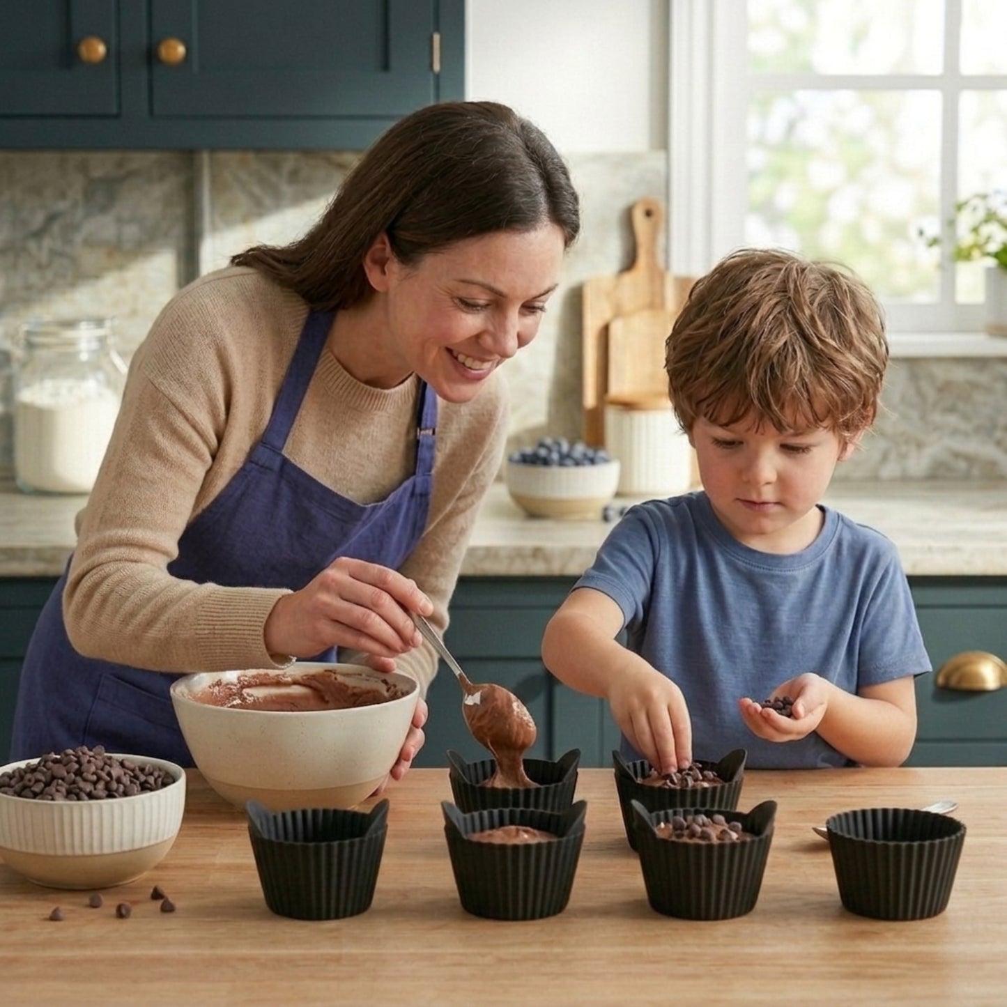 Moment de partage en cuisine avec enfant utilisant des moules à muffins en silicone noir Cuisine et moi pour préparer des muffins maison