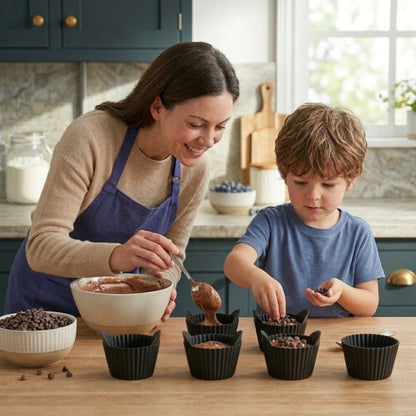 Moment de partage en cuisine avec enfant utilisant des moules à muffins en silicone noir Cuisine et moi pour préparer des muffins maison