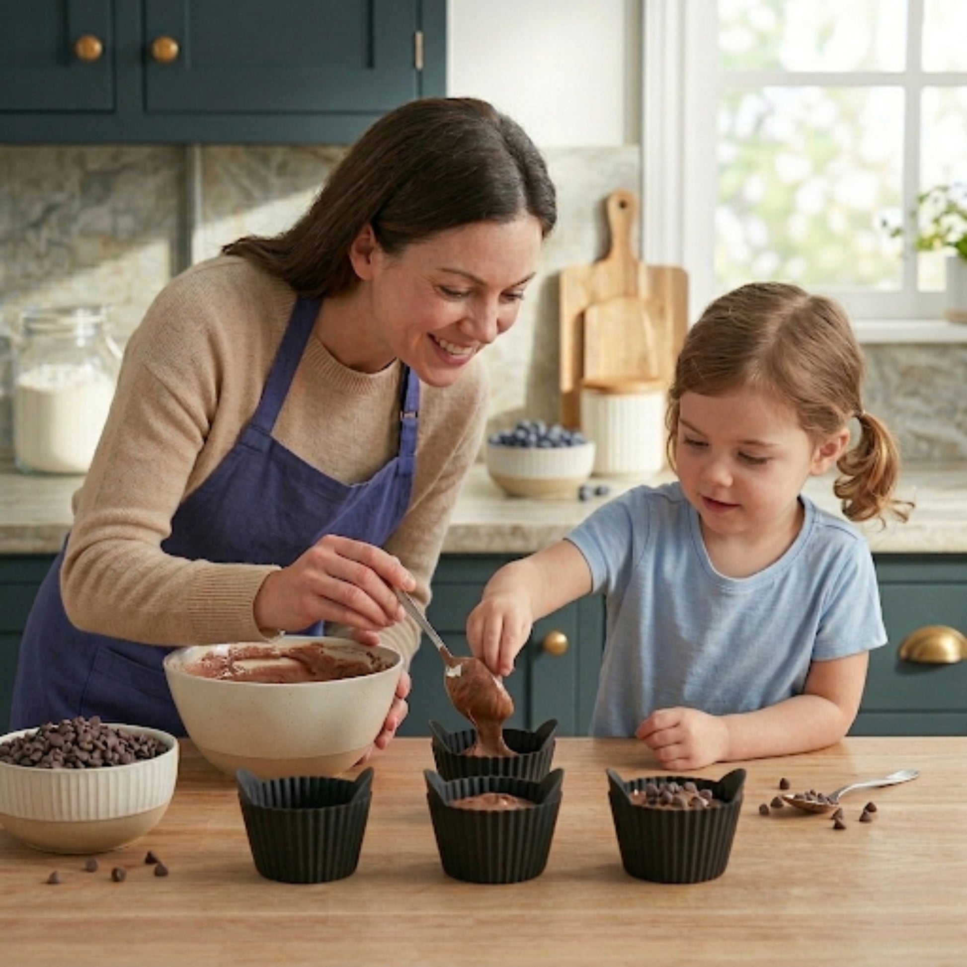 Moules à muffins en silicone noir Cuisine et moi utilisés en cuisine familiale avec enfant pour préparer des muffins maison au chocolat
