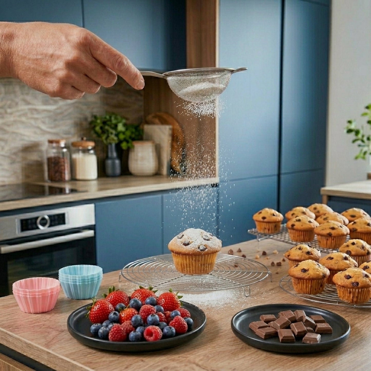 Finition de muffins maison avec sucre glace réalisés avec moules à muffins en silicone cuisine-etmoi
