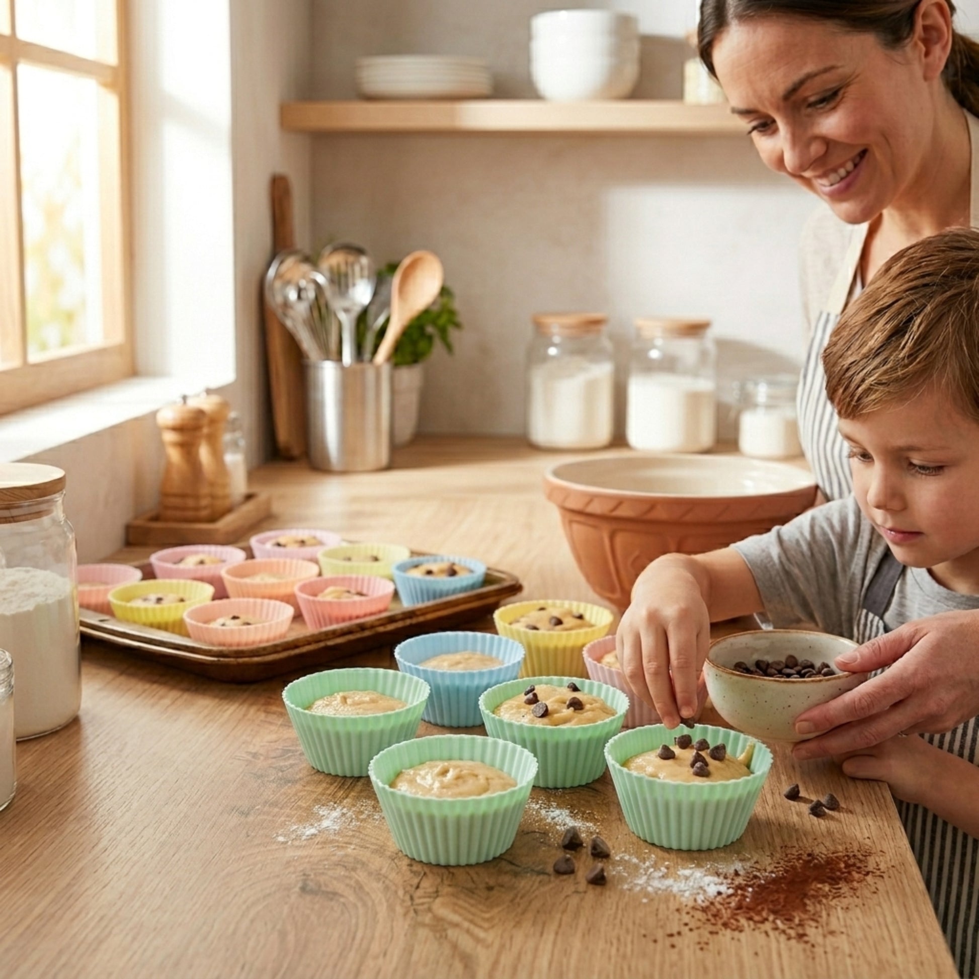 Enfant et maman préparant des muffins maison avec moules en silicone colorés dans une cuisine chaleureuse