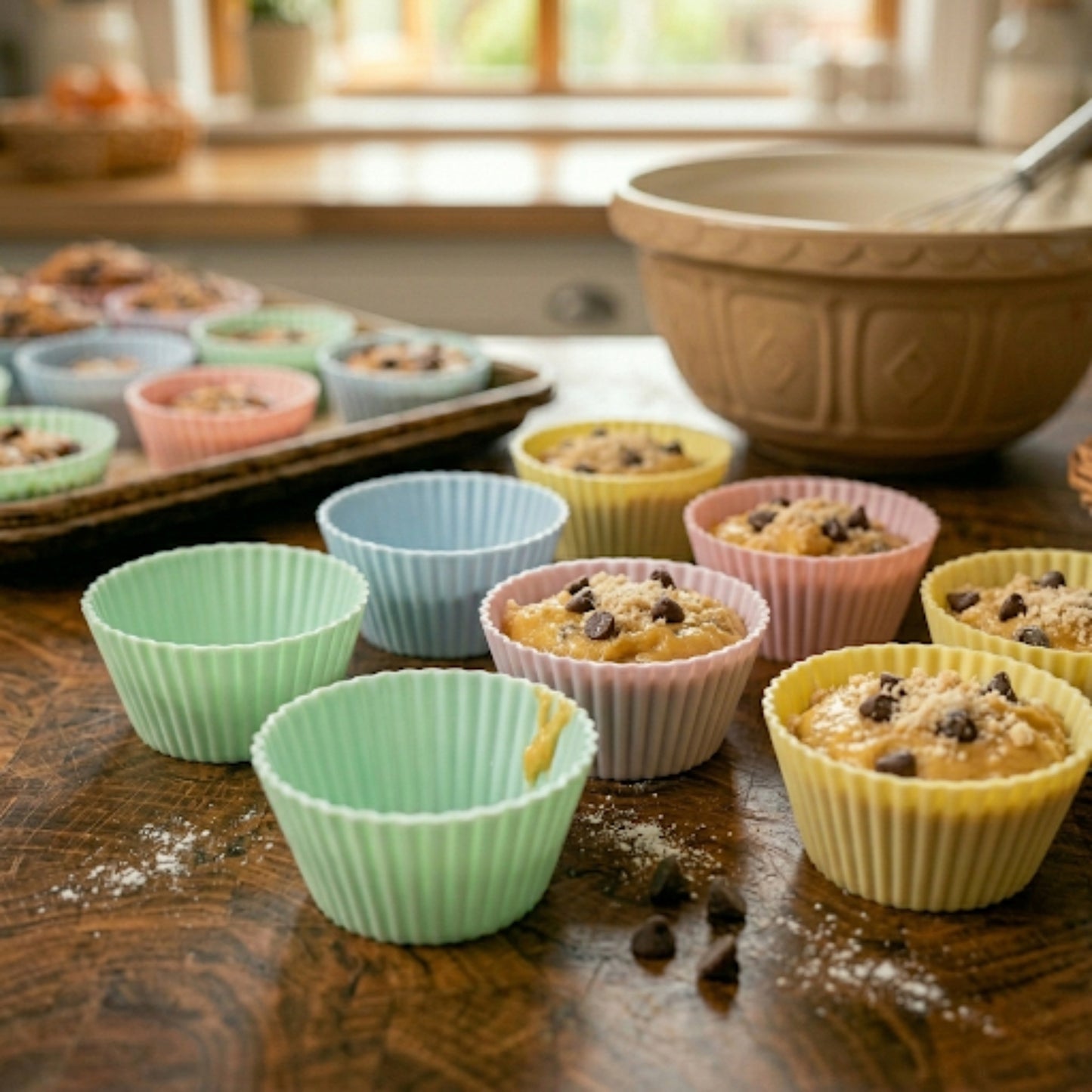 moules à muffin en silicone remplis de pâte préparation facile pâtisserie maison cuisine et moi