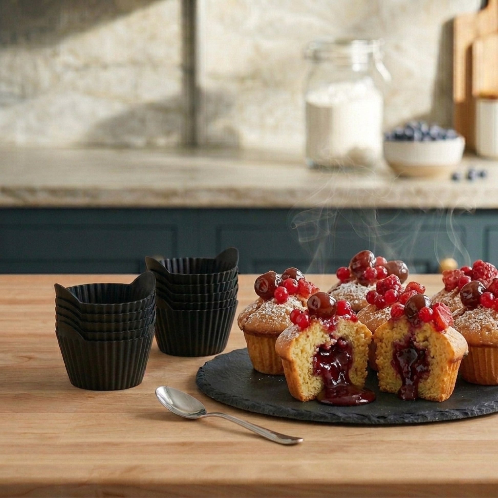 Muffins maison au cœur coulant fruits rouges réalisés avec moules à muffins en silicone noir Cuisine-etmoi dans une cuisine moderne