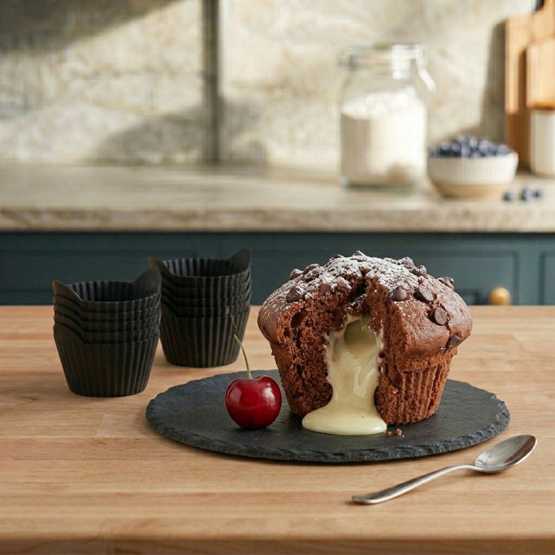 Muffin chocolat au cœur fondant réalisé avec moule à muffin en silicone noir Cuisine et moi dans une cuisine moderne élégante