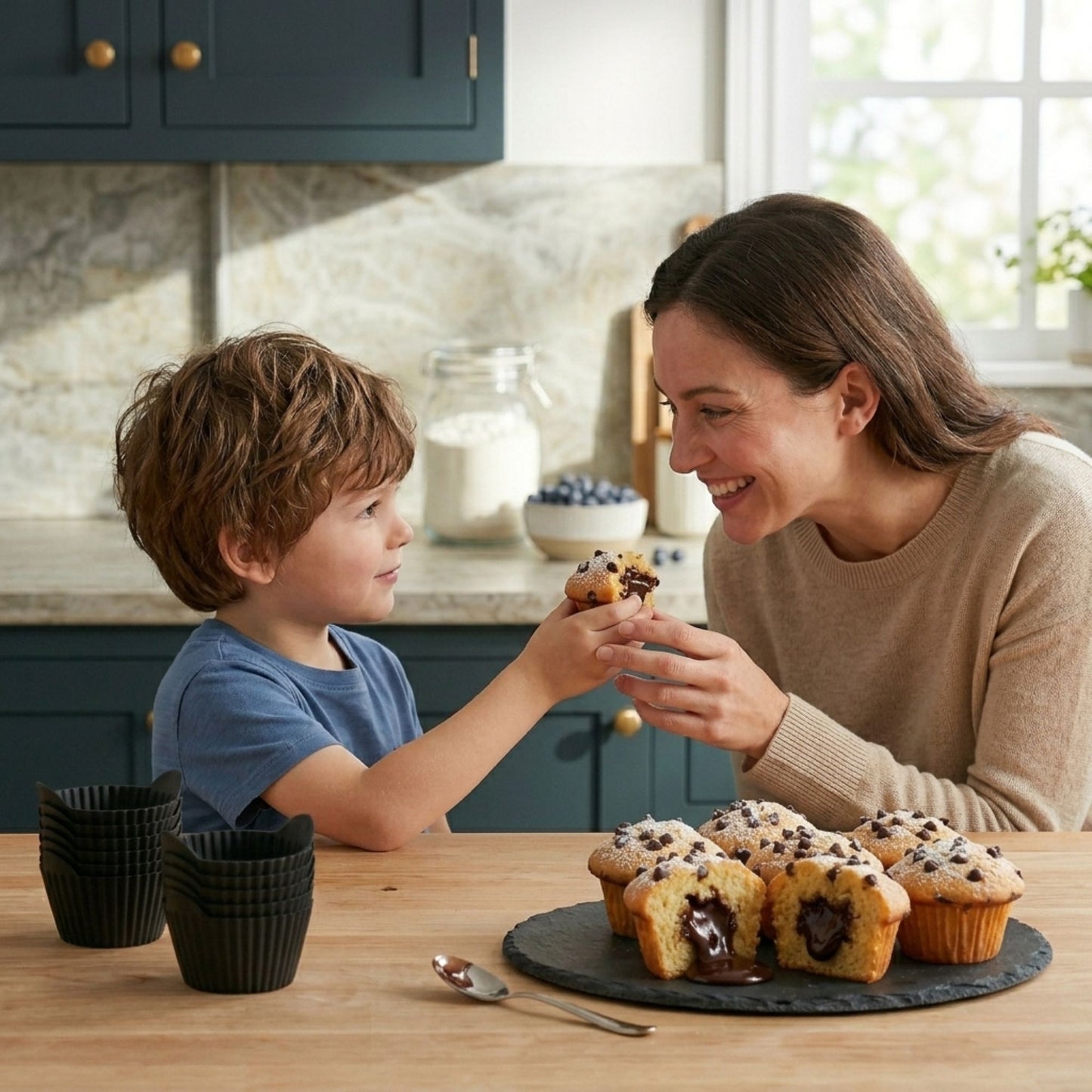 Moment complice en cuisine avec moules à muffins en silicone noir Cuisine et moi et muffins maison au cœur fondant chocolat