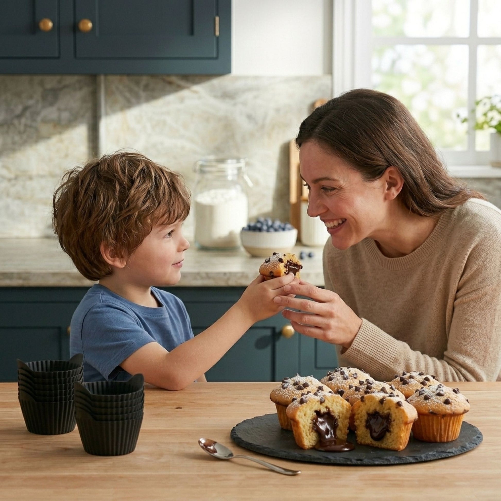 Moment complice en cuisine avec moules à muffins en silicone noir Cuisine et moi et muffins maison au cœur fondant chocolat