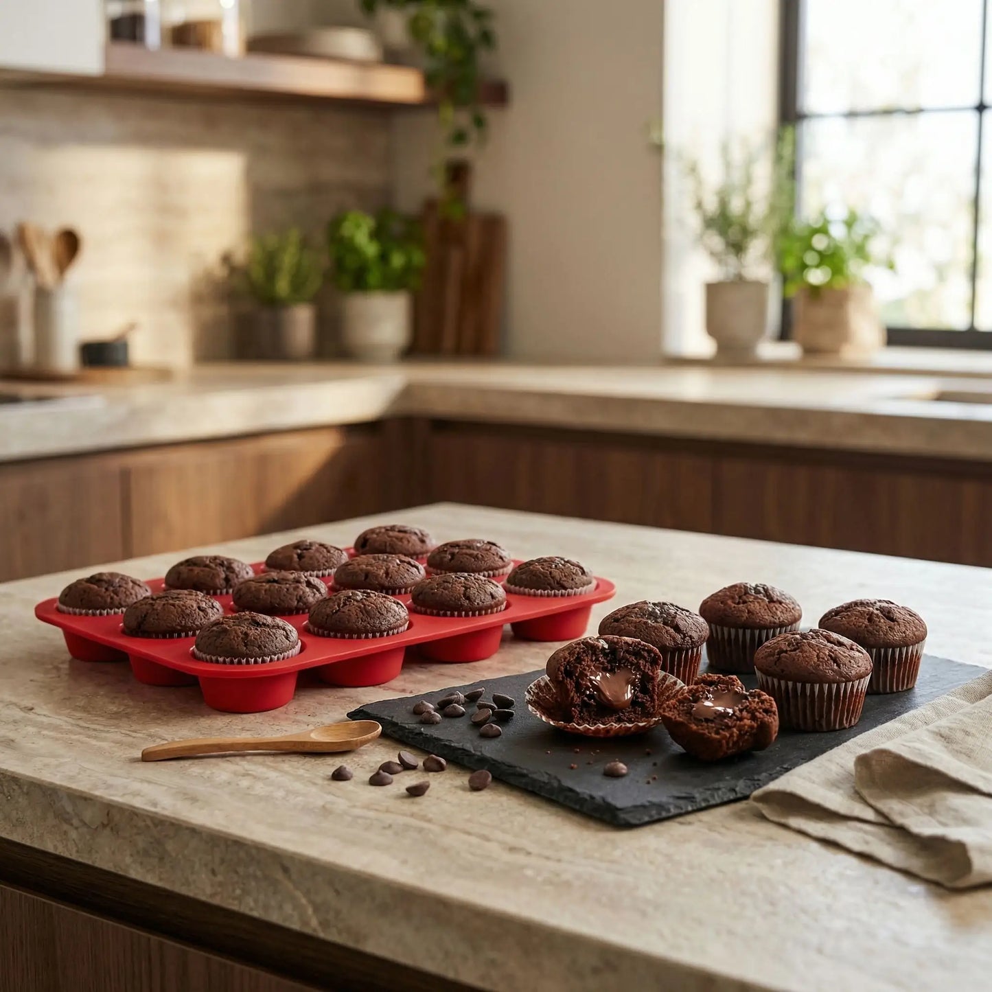 Moule à muffins 12 cavités avec muffins au chocolat cœur fondant présentés sur plan de travail en cuisine moderne, pâtisserie maison gourmande Cuisine-etmoi