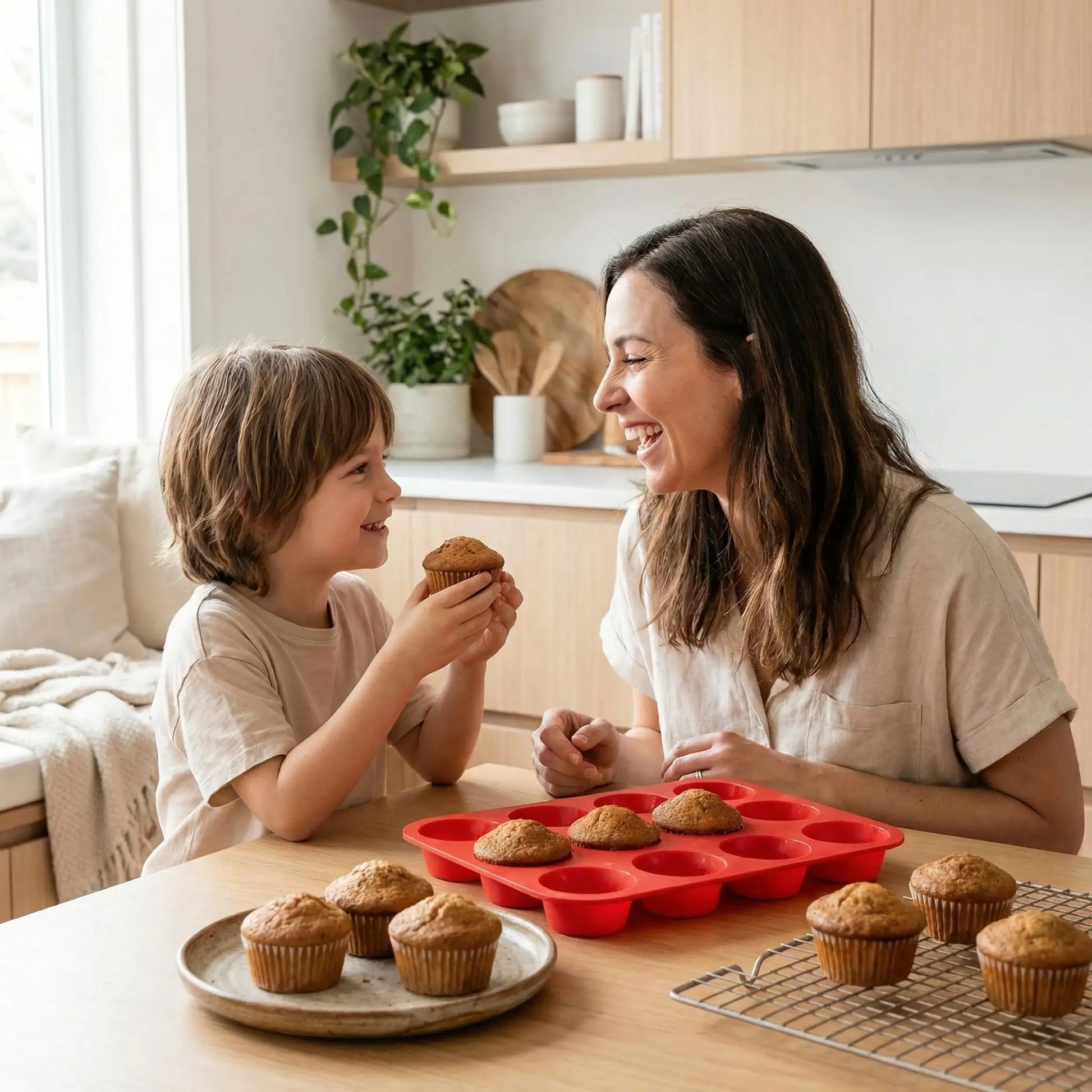 Maman et enfant préparant et dégustant des muffins maison avec un moule à muffins 12 cavités en silicone Cuisine-etmoi dans une cuisine lumineuse