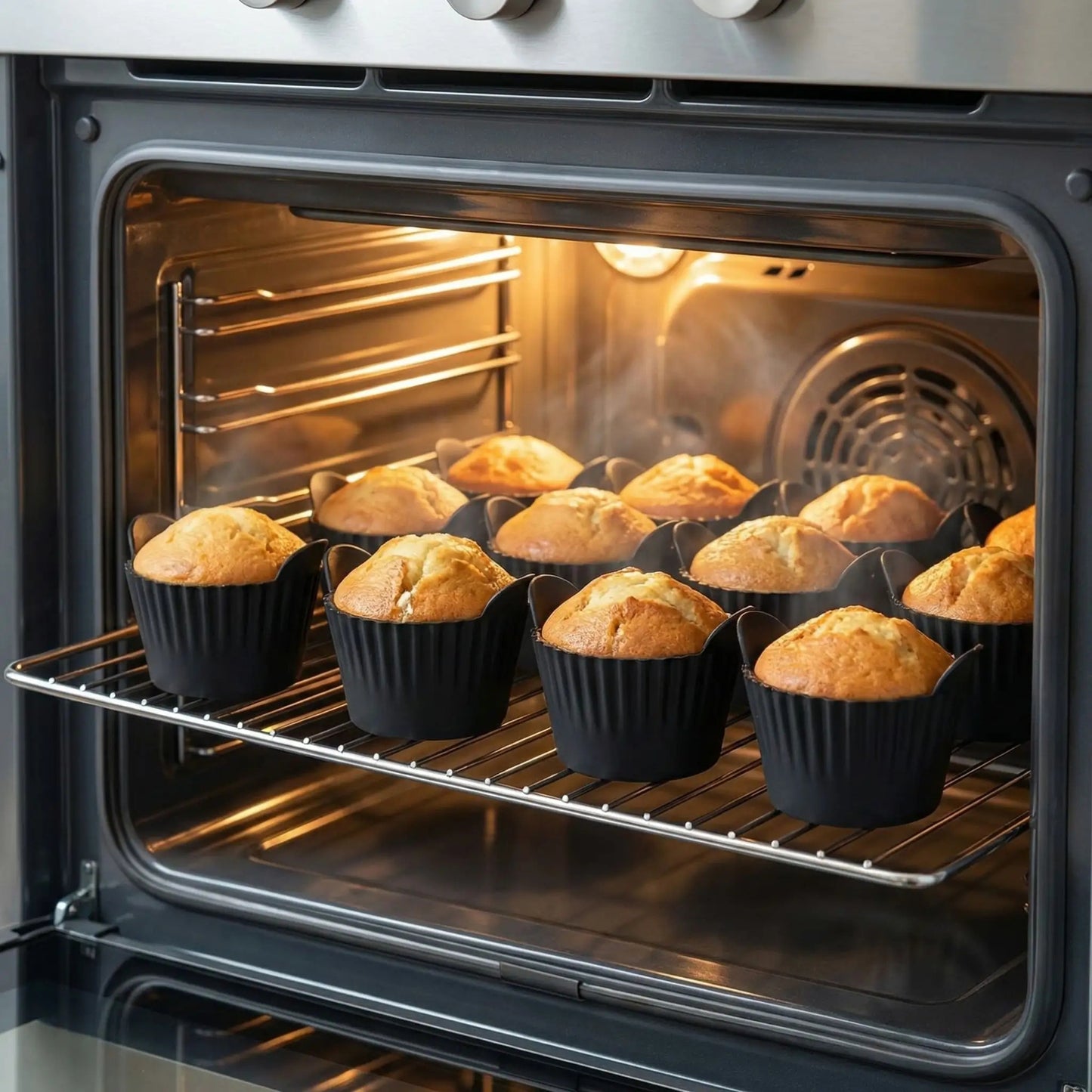 Moules à muffins en silicone noir avec muffins maison garnis de fruits rouges présentés sur plateau en cuisine moderne Cuisine-etmoi