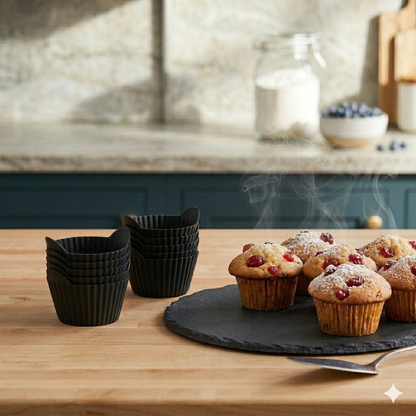 Moules à muffins en silicone noir avec muffins maison garnis de fruits rouges présentés sur plateau en cuisine moderne Cuisine-etmoi