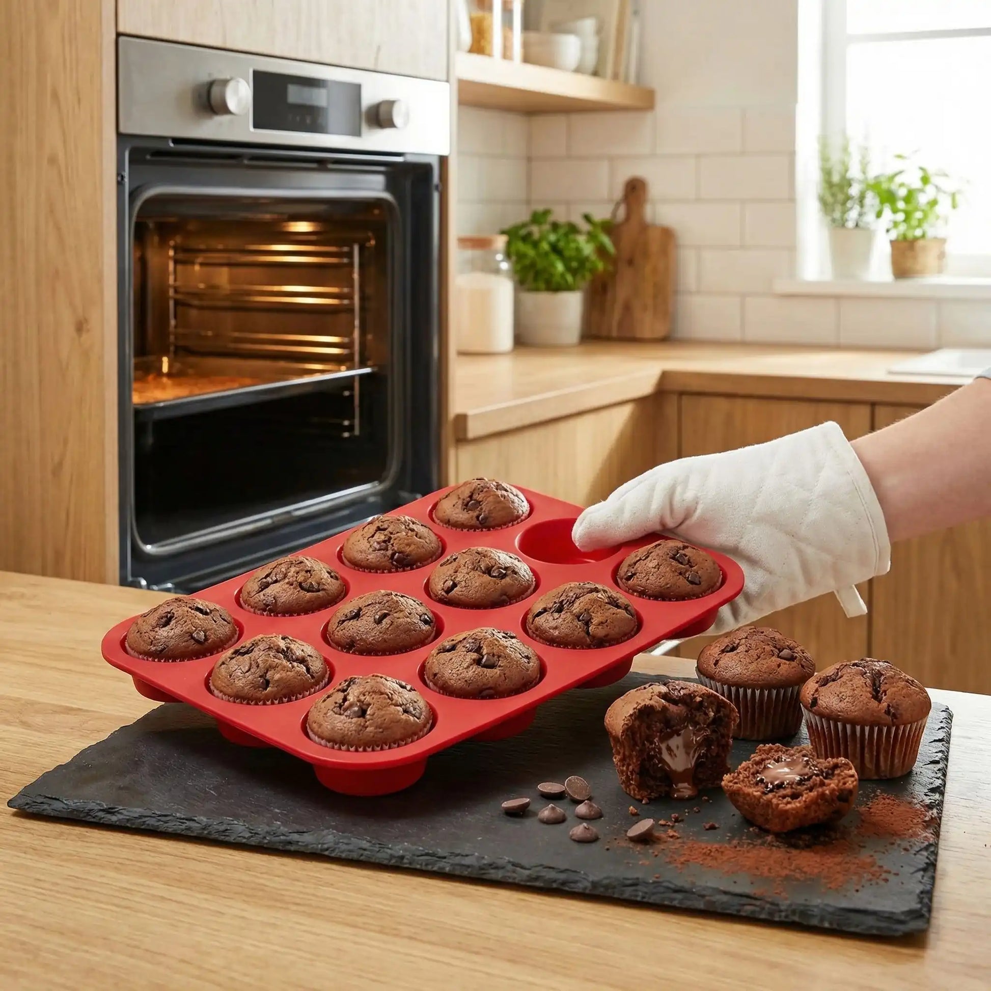Moule à muffins en silicone 12 cavités avec muffins au chocolat démoulés facilement, cœur fondant et cuisson parfaite, utilisation simple en cuisine Cuisine-etmoi