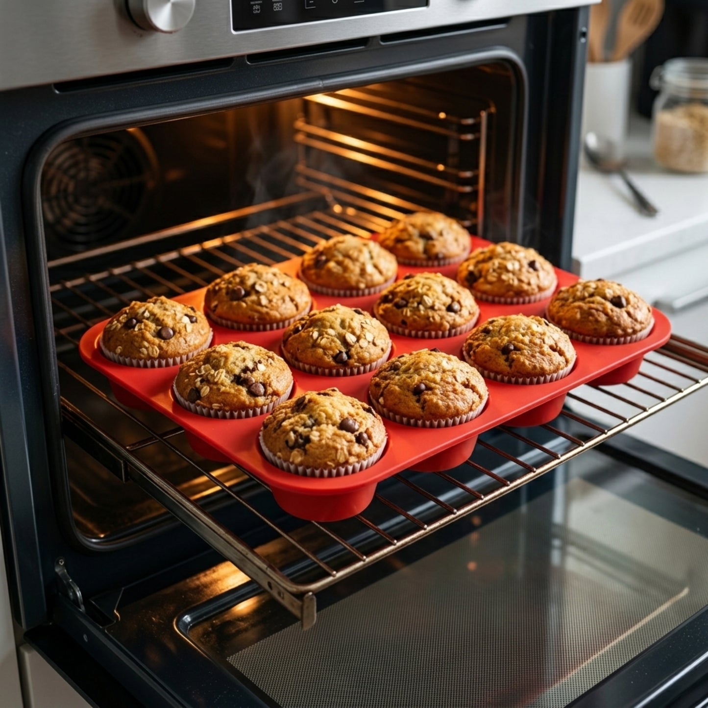 Moule à muffins en silicone 12 cavités avec muffins en cuisson au four, préparation facile et rapide pour goûter maison gourmand Cuisine-etmoi
