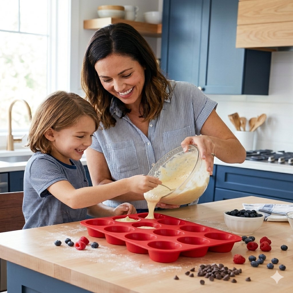 Moule à muffins en silicone utilisé par une mère et son enfant préparant des muffins maison en cuisine, moment de partage familial gourmand Cuisine-etmoi