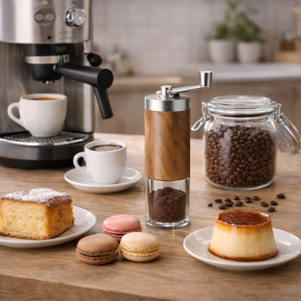 Moulin à café manuel Tourbillon de Grain posé sur une table avec une tasse de café fraîchement préparée, des grains de café et des pâtisseries gourmandes, dans une ambiance chaleureuse et conviviale à la maison.