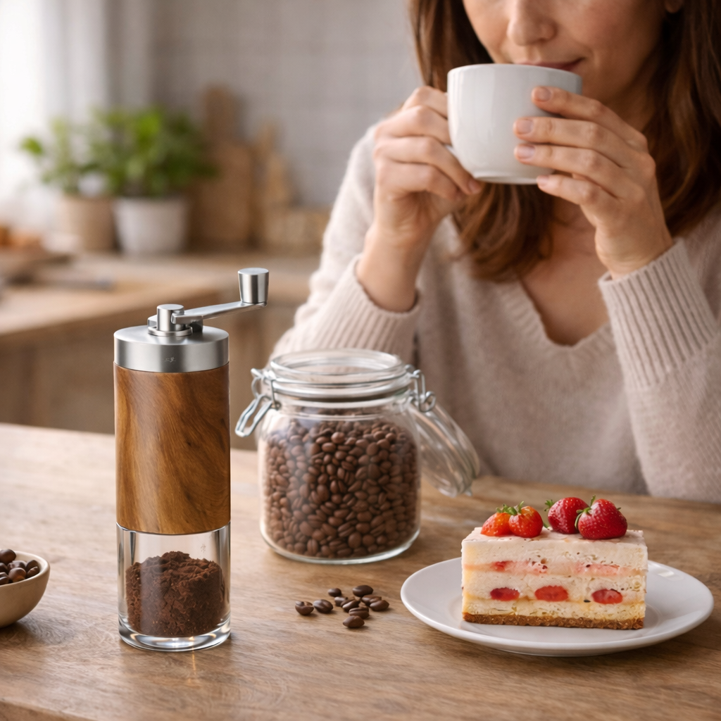 Femme dégustant un café fraîchement préparé avec le moulin à café manuel Tourbillon de Grain, posé sur la table avec des grains de café et un gâteau pour un moment gourmand à la maison.