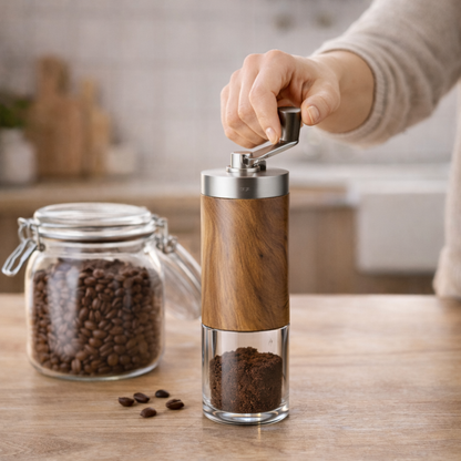 présentation du moulin a café posé sur la table près d'un bocal avec des grains de café