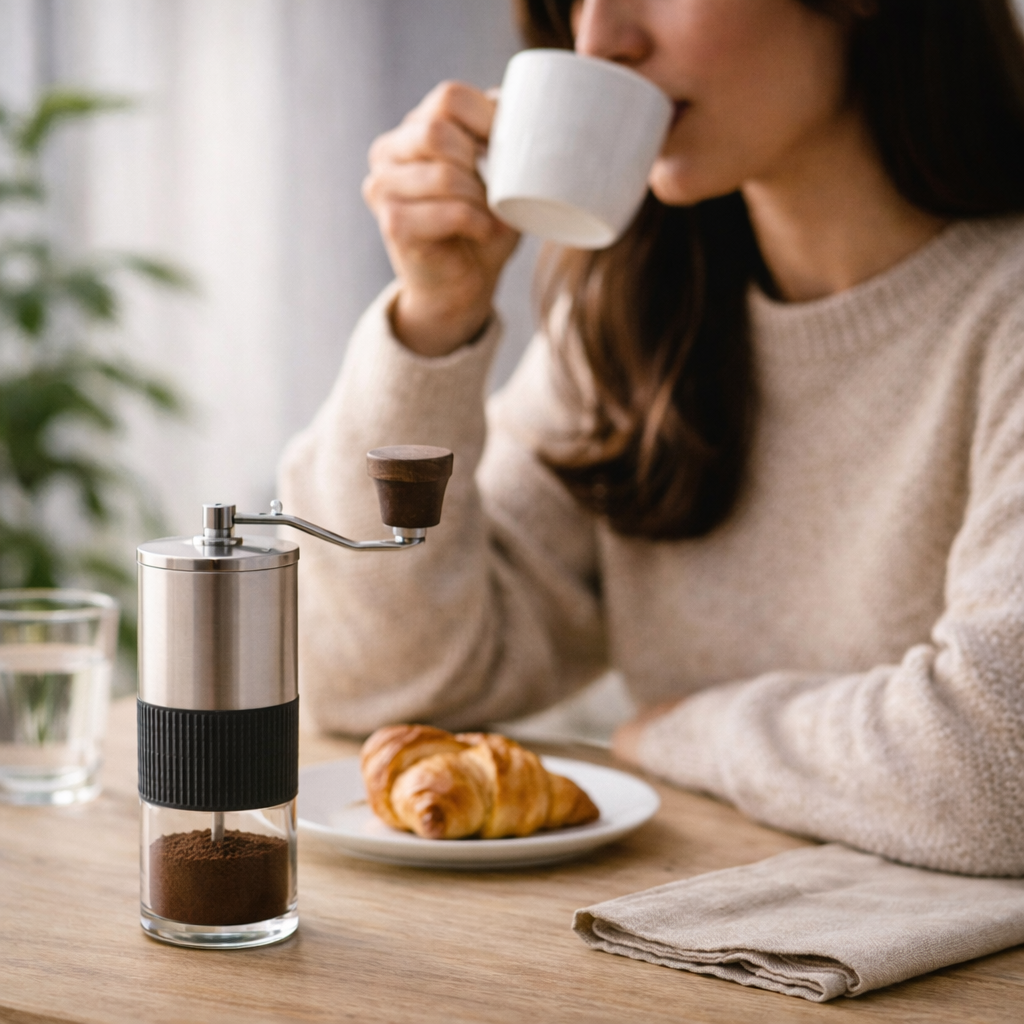 moulin à café manuel avec café fraîchement moulu dégusté à la maison