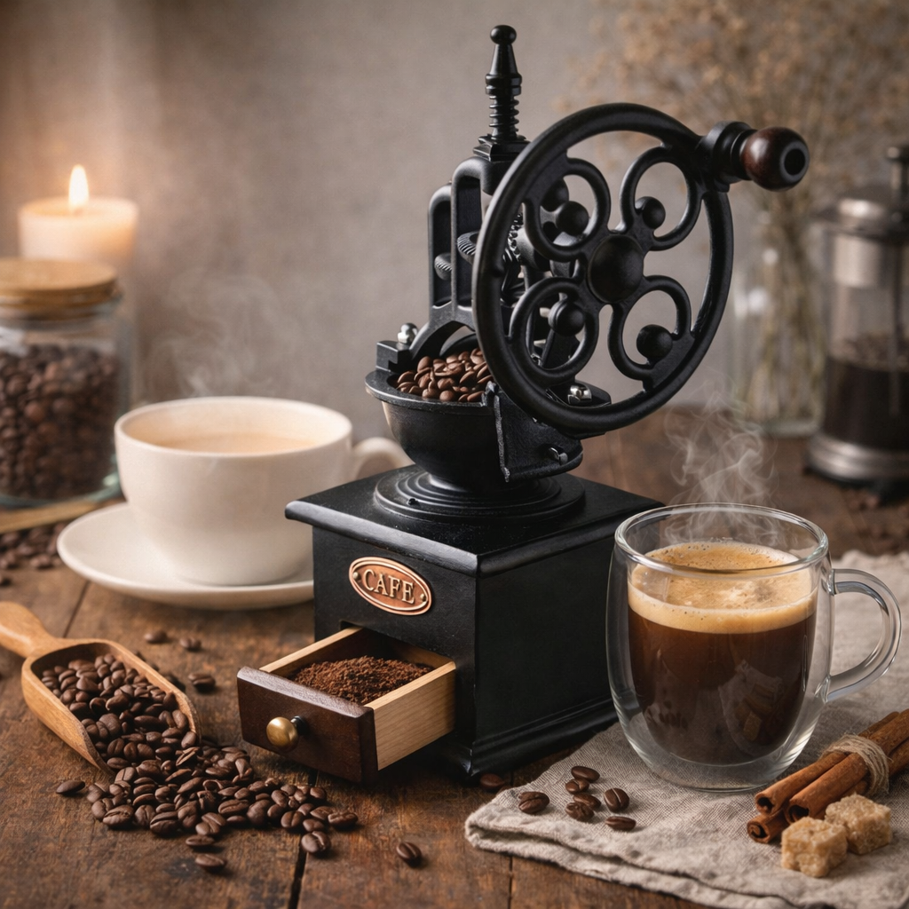 Moulin à café manuel rétro avec mouture de grains frais et tasse de café noir, ambiance rituel café maison vintage chic