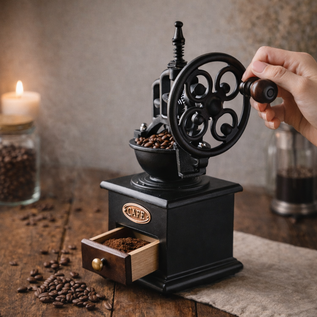 Moulin à café manuel rétro en action, main tournant la manivelle avec grains de café, rituel café artisanal à la maison