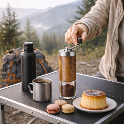 Femme préparant un café en pleine nature avec un moulin à café manuel Tourbillon de Grain, posé sur une table de camping, idéal pour les amateurs de café nomade et de voyage.
