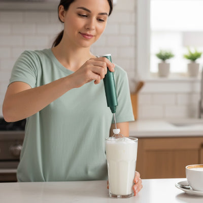 Mousseur à lait Moussi™ utilisé à la maison pour créer une mousse de lait onctueuse pour café ou chocolat chaud