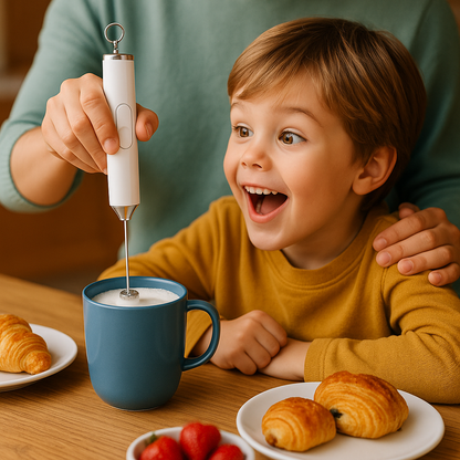 Enfant émerveillé regardant un adulte préparer une mousse de lait crémeuse avec un mousseur à lait électrique, autour d’une table de petit-déjeuner familiale.