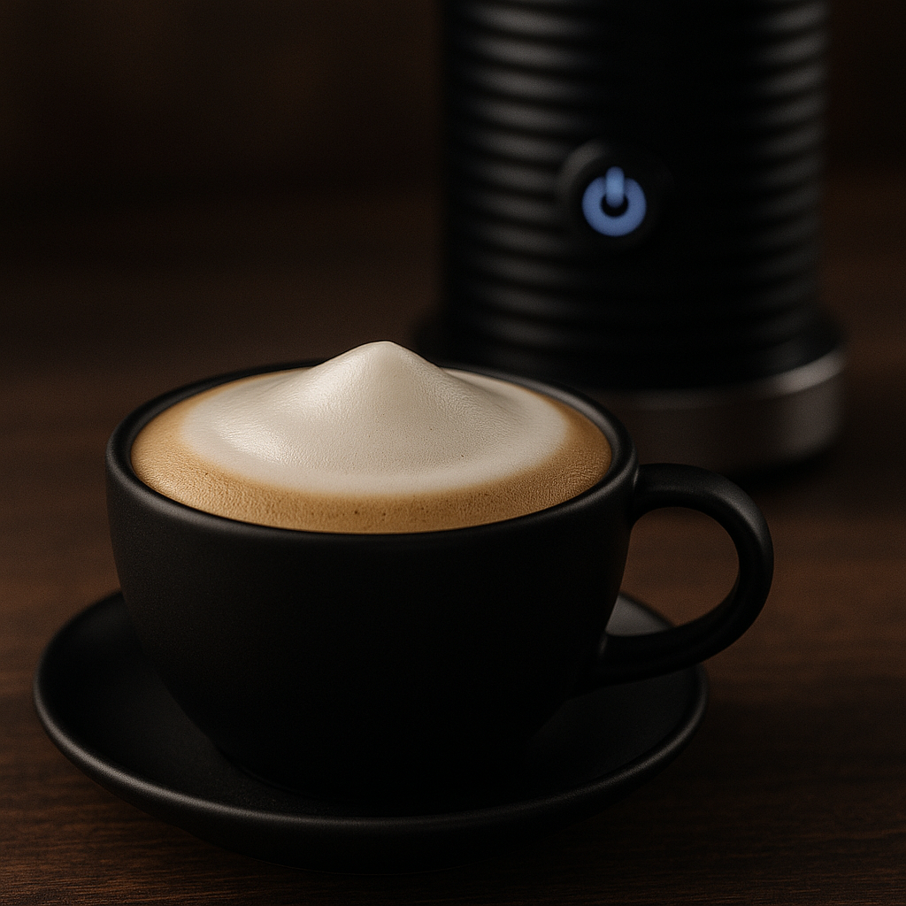 Gros plan sur la mousse de lait blanche et crémeuse préparée avec le mousseur à lait électrique COCOON™, rendu dense et velouté.