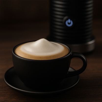 Gros plan sur la mousse de lait blanche et crémeuse préparée avec le mousseur à lait électrique COCOON™, rendu dense et velouté.