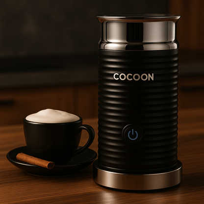 Mousseur à lait électrique COCOON™ noir posé sur un plan de travail, accompagné d’une tasse de café avec mousse de lait onctueuse et d’un bâton de cannelle, ambiance cuisine chaleureuse et élégante.
