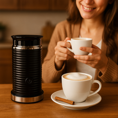 Moment cosy : femme souriante dégustant une boisson chaude gourmande avec mousse, mise en scène autour du mousseur à lait électrique COCOON™ dans une ambiance chaleureuse.