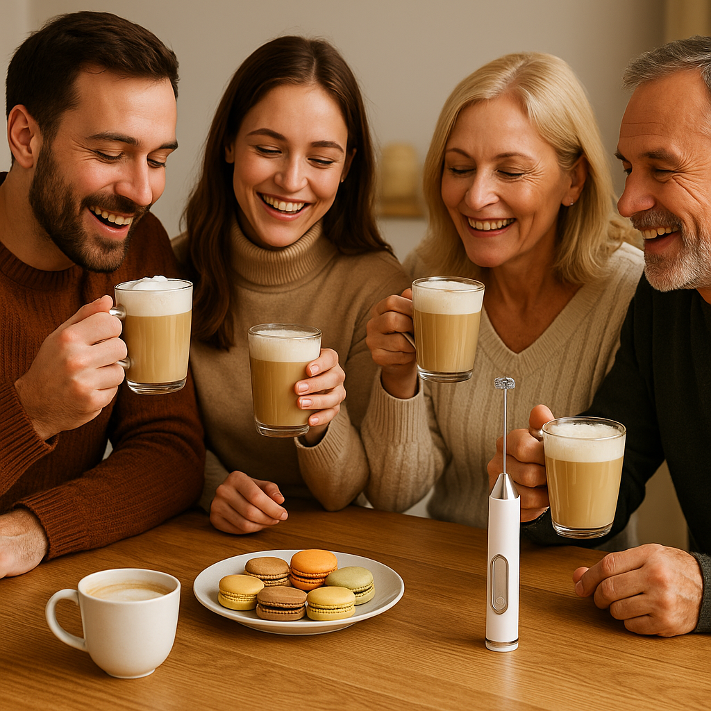 Famille réunie autour d’une table dégustant un café crème avec mousse onctueuse, mousseur à lait posé à côté, ambiance conviviale et chaleureuse.