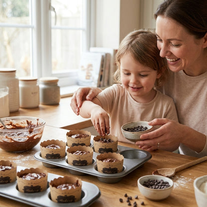 Enfant préparant des muffins avec sa mère dans des caissettes kraft, moment de cuisine familiale et ludique
