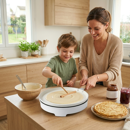 Enfant préparant une crêpe avec l’aide de sa mère sur une poêle à crêpes dans une cuisine lumineuse et familiale