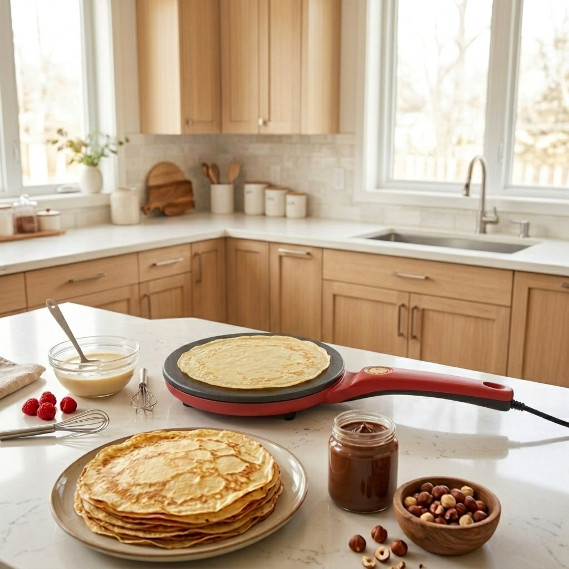 Poêle à crêpes électrique rouge posée sur un plan de travail dans une cuisine moderne et lumineuse, avec une pile de crêpes, de la pâte à crêpes et des ingrédients gourmands à côté