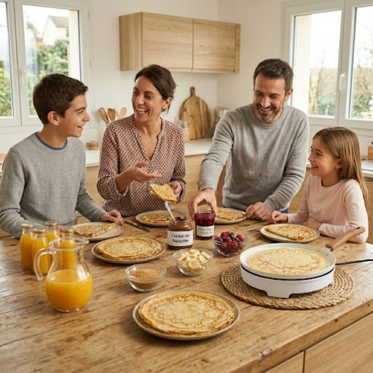 Famille partageant des crêpes maison autour d’une table avec une poêle à crêpes, dans une ambiance chaleureuse et conviviale