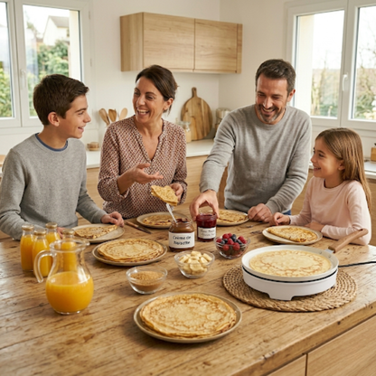 Famille partageant des crêpes maison autour d’une table avec une poêle à crêpes, dans une ambiance chaleureuse et conviviale