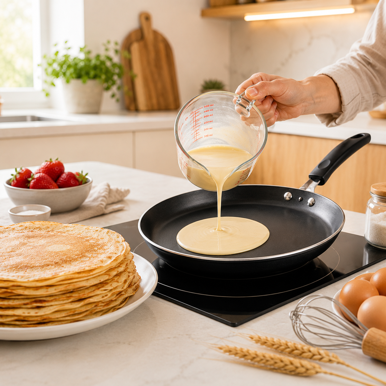 Préparation de crêpes maison avec poêle à crêpes antiadhésive et pile de crêpes dans une cuisine moderne