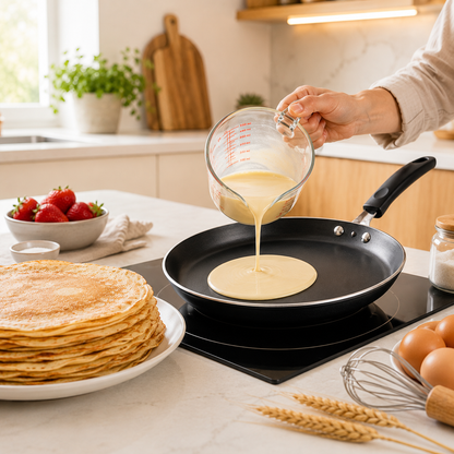Préparation de crêpes maison avec poêle à crêpes antiadhésive et pile de crêpes dans une cuisine moderne