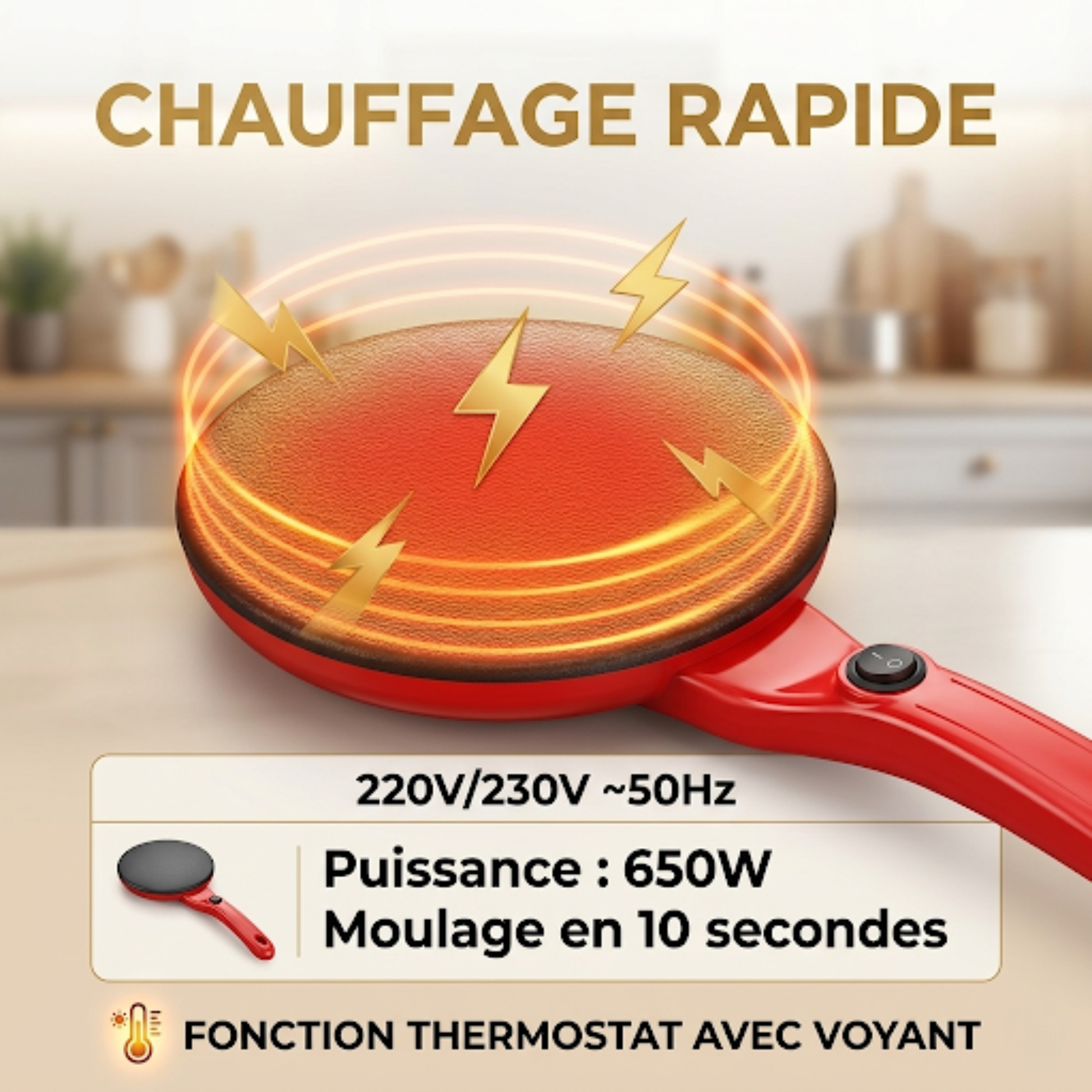 Poêle électrique à crêpes rouge avec chauffage rapide, thermostat et montée en température rapide pour crêpes maison