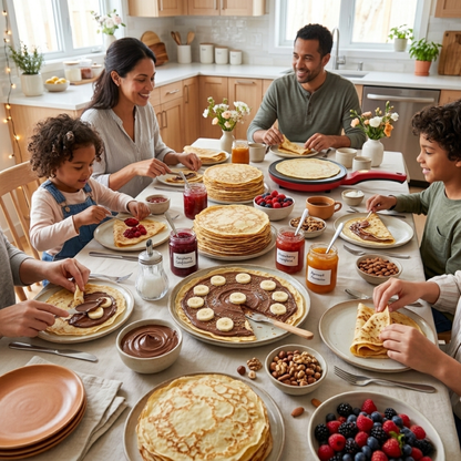 Grande tablée familiale préparant et dégustant des crêpes maison avec une poêle électrique rouge et différentes garnitures gourmandes.