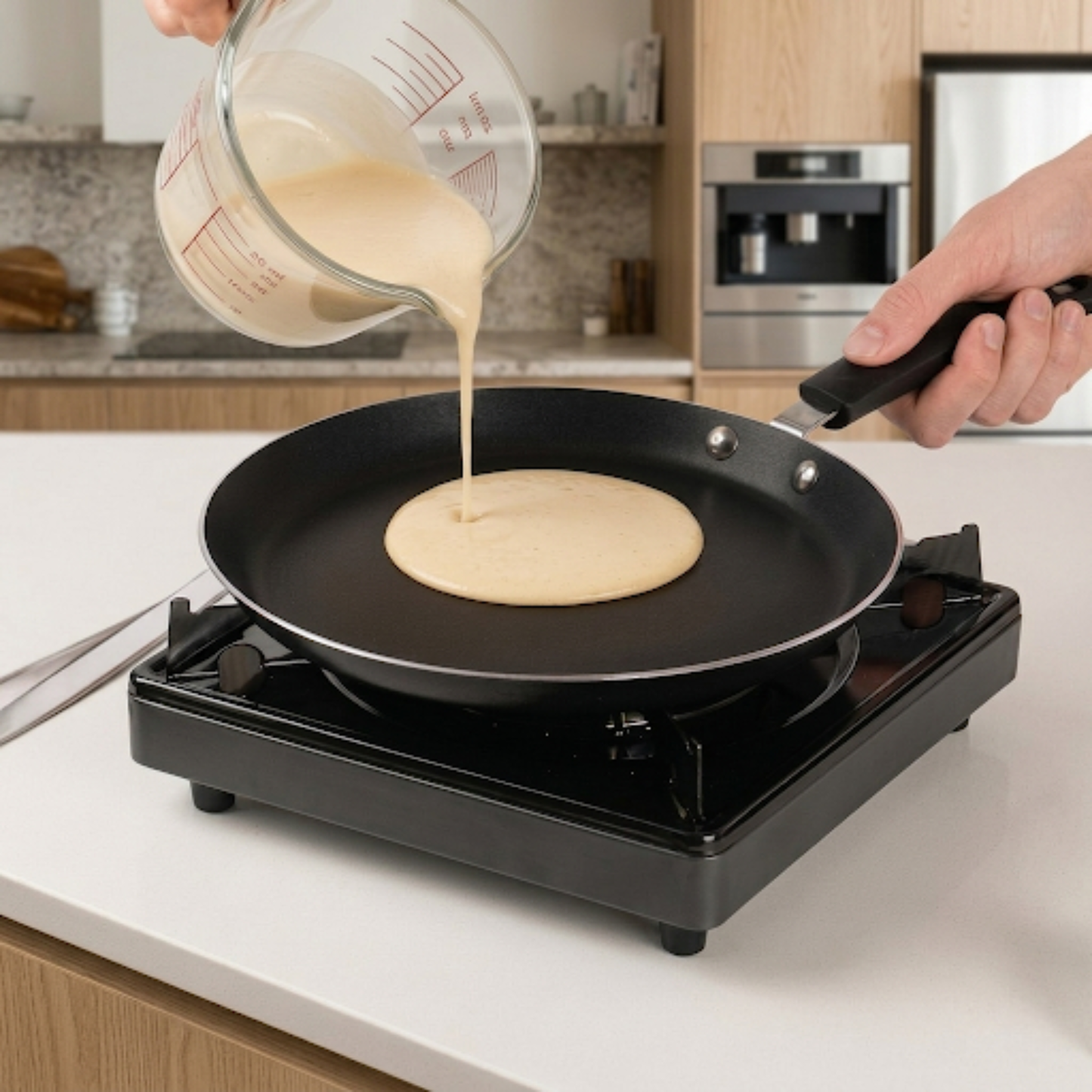 Préparation de pâte à crêpes maison versée dans une poêle pour une cuisson facile et gourmande